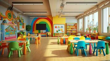 moderno salón de clases con brillante colores y juguetes foto