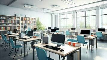 moderno salón de clases con computadora equipo para aprendizaje foto