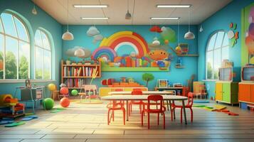 moderno salón de clases con brillante colores y juguetes foto