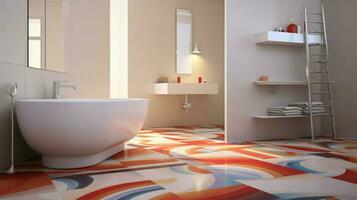 modern domestic bathroom with clean tiled floor and abstract photo