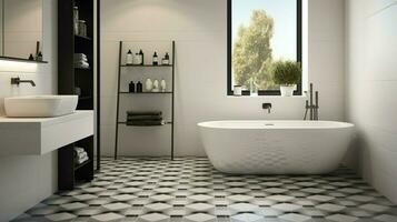 modern domestic bathroom with clean tiled floor and abstract photo