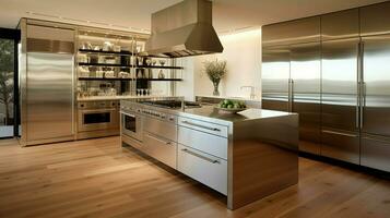 modern domestic kitchen with clean stainless steel equipment photo