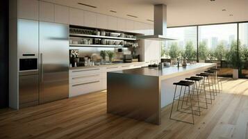 modern domestic kitchen with clean stainless steel equipment photo