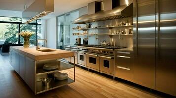 modern domestic kitchen with clean stainless steel equipment photo