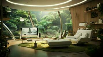 modern domestic room with technology and nature accents photo