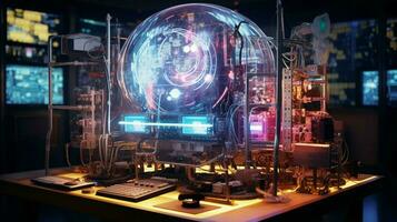 modern electronics industry workshop illuminates futuristic photo