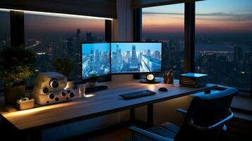 moderno hogar oficina con iluminado computadora monitor foto