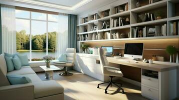 moderno hogar oficina con tecnología y decoración foto