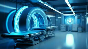 moderno hospital maquinaria ilumina azul mri escáner foto