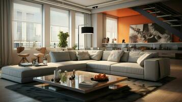 modern indoor living room with comfortable sofa photo