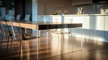 modern kitchen table with wood flooring and defocused photo