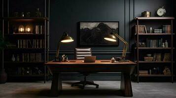 modern lamp illuminates dark home office space photo