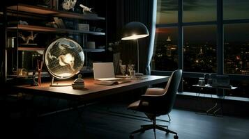 modern lamp illuminates dark home office space photo