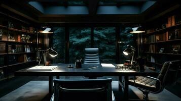 modern lamp illuminates dark home office space photo