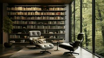 modern luxury home library with comfortable armchair photo