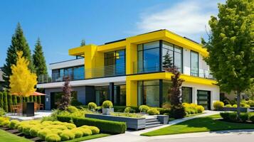 modern luxury home in yellow suburban community photo