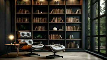 moderno lujo hogar biblioteca con cómodo Sillón foto