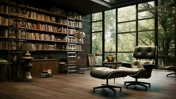 modern luxury home library with comfortable armchair photo