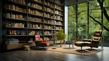 modern luxury home library with comfortable armchair photo