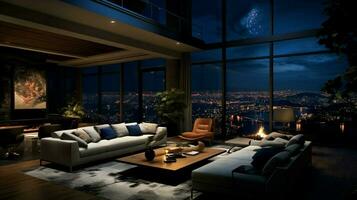 modern luxury living room design illuminated at night photo