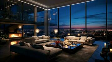 modern luxury living room design illuminated at night photo