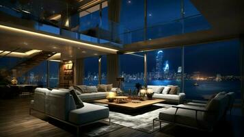 modern luxury living room design illuminated at night photo