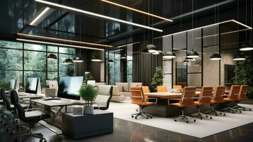 moderno oficina diseño con elegante Encendiendo y decoración foto