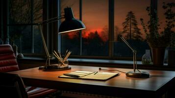 modern office desk illuminated by electric lamp photo