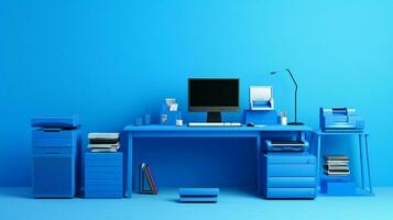 modern office equipment on a blue desk photo