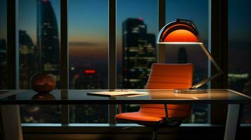 modern office desk illuminated by electric lamp photo