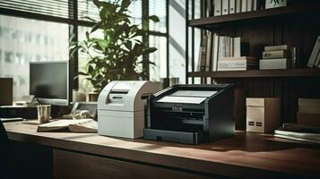 modern office equipment on wooden table indoors photo