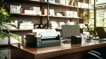 modern office equipment on wooden table indoors photo