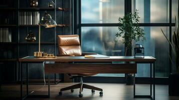 moderno oficina equipo en de madera mesa adentro foto