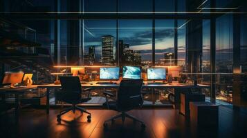 moderno oficina espacio iluminado por brillante computadora monitor foto