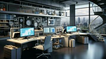 modern office with computer equipment and technology photo