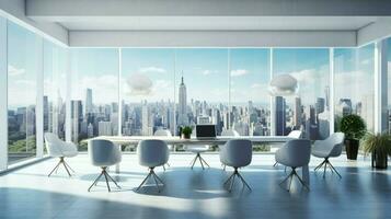 modern office with panoramic cityscape view empty chairs photo