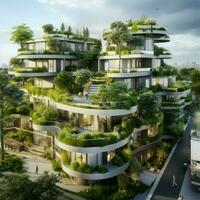 modern residential district with green roof and balcony photo