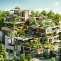 modern residential district with green roof and balcony photo