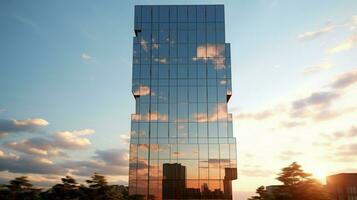 modern steel skyscraper in glossy reflective glass photo