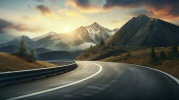 mountain landscape at dusk asphalt curves ahead adventurous photo