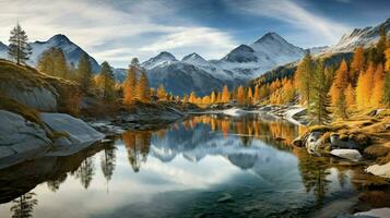 montaña paisaje refleja otoño colores en tranquilo foto