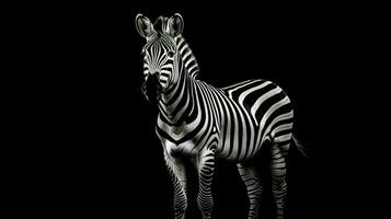 monochrome striped zebra stands on black background photo