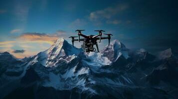 mountain peak in view from flying drone photo