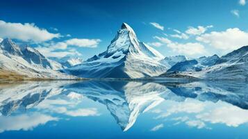 mountain peak reflects in tranquil blue water photo