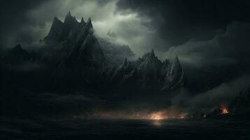 mountain peak rises above dark spooky landscape photo