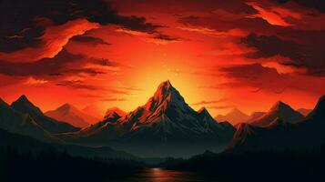 mountain peak silhouetted against a fiery sunset sky photo