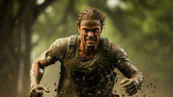 mud splashed athlete races through rainy wilderness photo