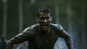mud splashed athlete races through rainy wilderness photo