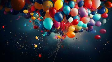 multi colored balloons fly amidst fun abstract confetti photo