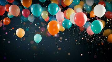 multi colored balloons fly amidst fun abstract confetti photo